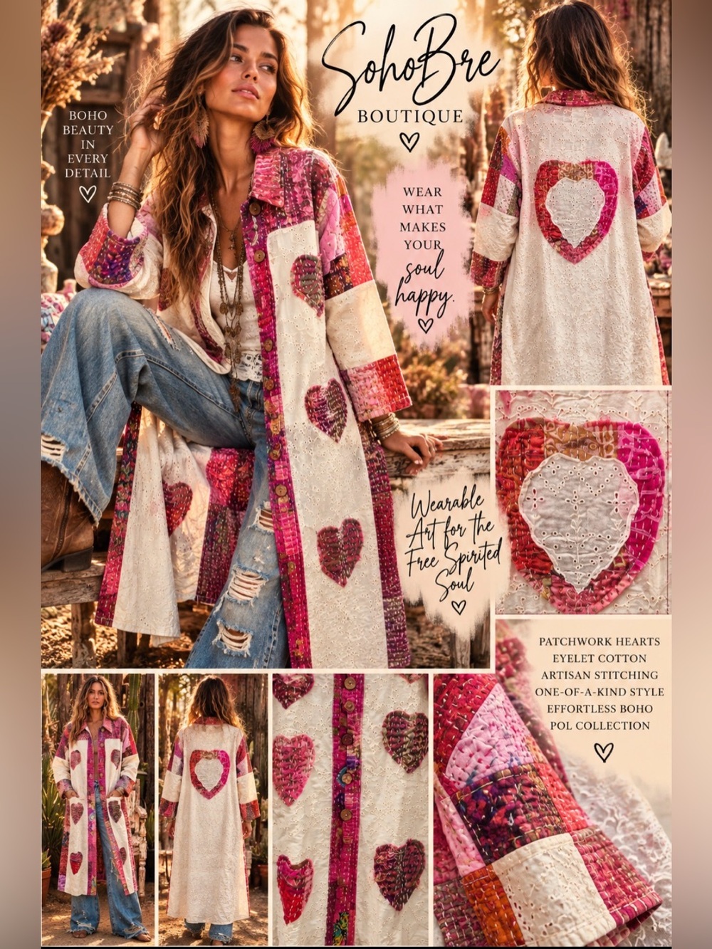 POL Wild Heart Boho Patchwork Eyelet Duster | Romantic Statement Coat
